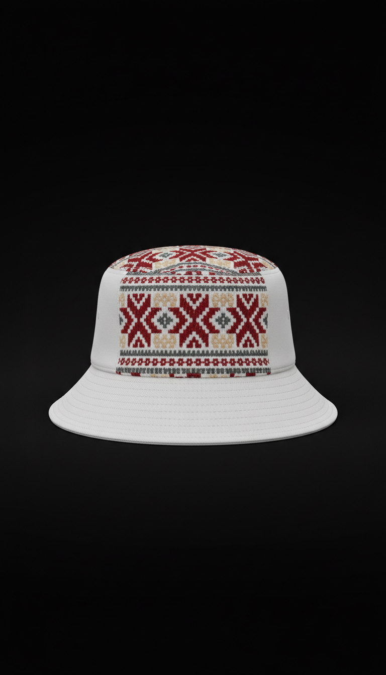 Cloud White Bucket Hat With Embroidered Assamese Pattern